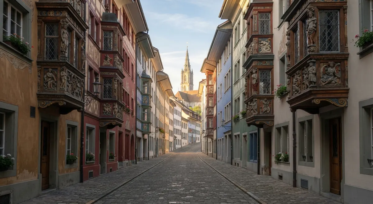 Gasse in der St. Galler Altstadt mit bemalten Erkern an den Fassaden