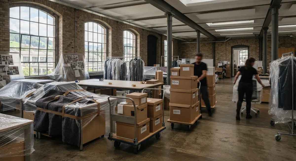 Verpackte Büromöbel und Archivkisten in einem hellen Geschäftshaus