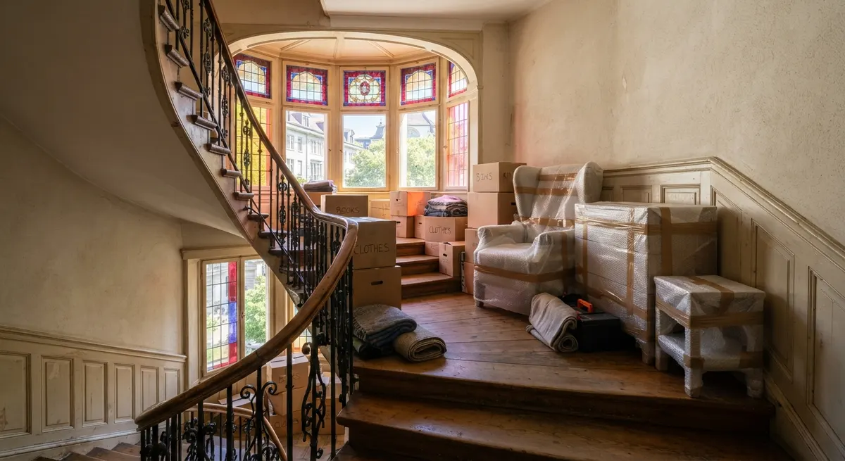 Umzugskartons und eingepackte Möbel in einem St. Galler Altbau-Treppenhaus