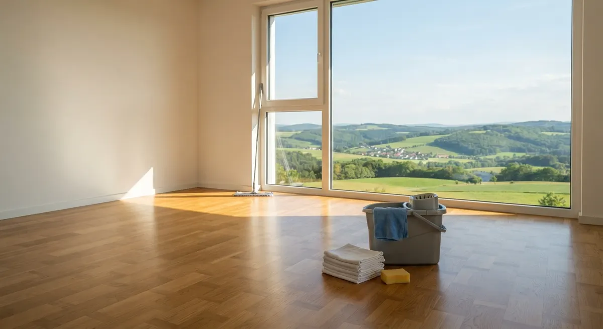 Frisch gereinigte, leere Altbauwohnung mit Parkettboden und hohen Fenstern
