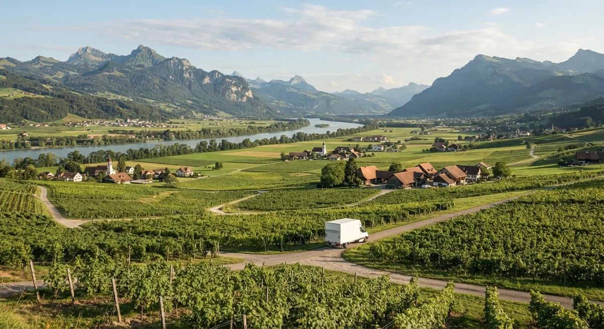 Weite Talebene des St. Galler Rheintals mit Dörfern und Bergen im Hintergrund